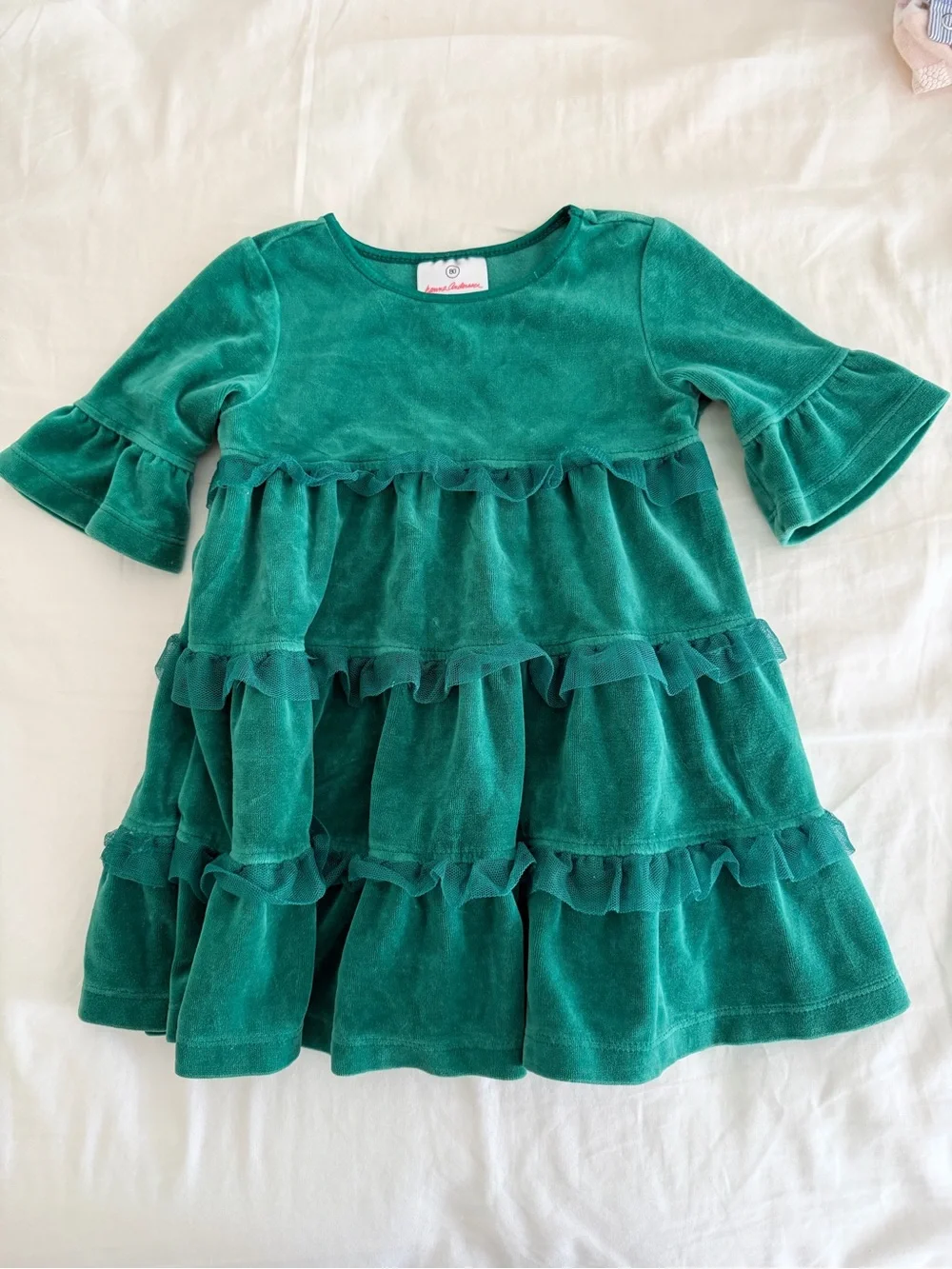 Hanna Andersson Green Velvet Ruffle Tiered Dress